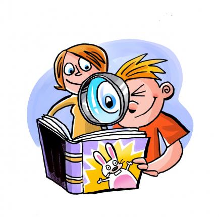 Kid reading books with magnifying glass