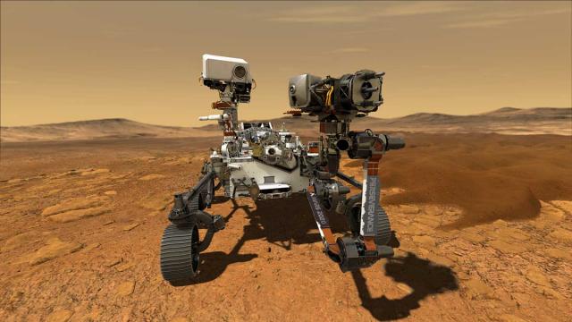 Computer rendered image of Perseverance on surface of Mars