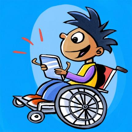 Cartoon image of kid in wheelchair reading