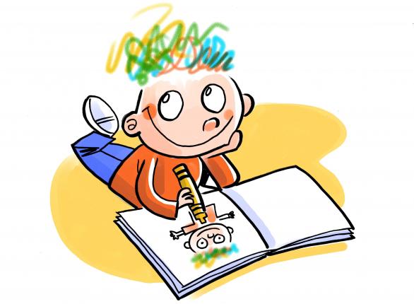 Cartoon of kid with colourful hair drawing