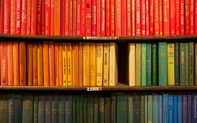 Image of 3 shelves of books, with one book missing from the centre of the middle shelf. 