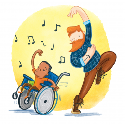 Boy in wheelchair dancing with man