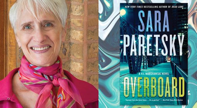 Book cover of Overboard with photography of author Sara Paretsky