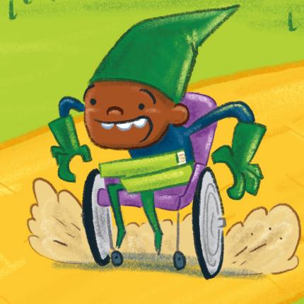 child with dark complexion, wearing a green pointy hat is using a wheelchair to go very fast. There are a pile of books on their lap.