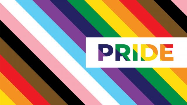 Pride colours with the word "Pride"