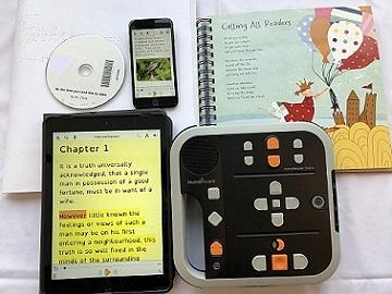 Photo of EasyReader, DAISY player, CD and printbraille book.