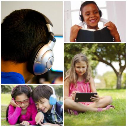 A collage of photos of children reading with headphones and tablets.