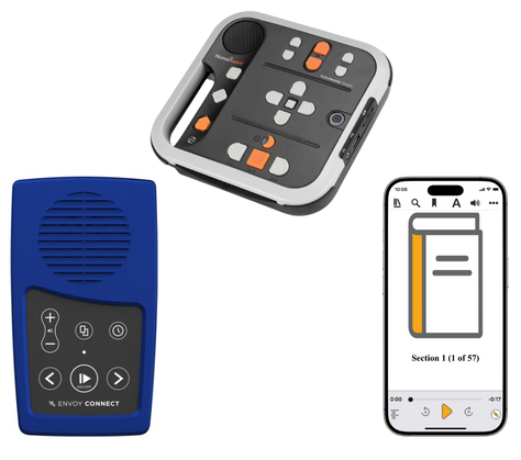 An Envoy Connect, a Victor Stratus 4M and an iPhone with the EasyReader application open on its screen.