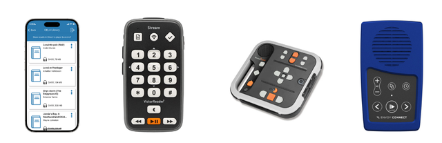 Four devices in a row: an iPhone with the EasyReader application open onscreen, a Victor Stream 3 audio device, a Victor Reader Stratus4 M and an Envoy Connect audio device.
