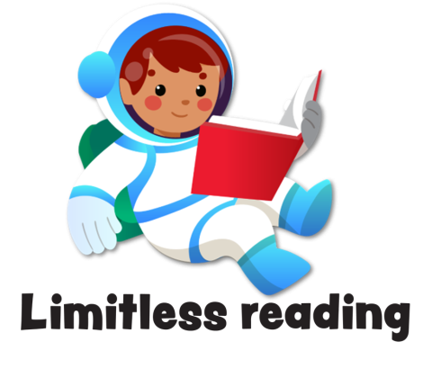 Cartoon of a child reading a book while dressed as an astronaut. Below is the phrase "Limitless reading".