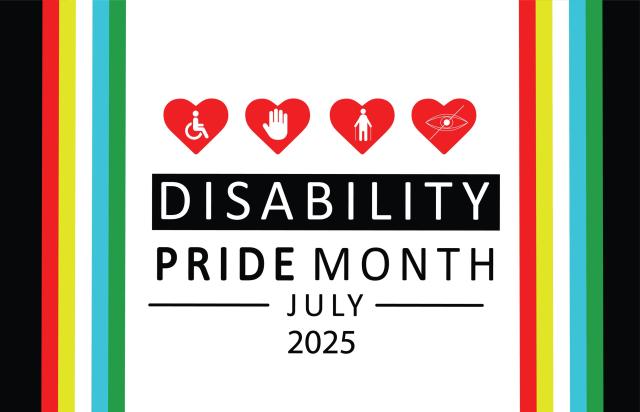 Disability Pride Month sandwiched between cascading rainbow colours