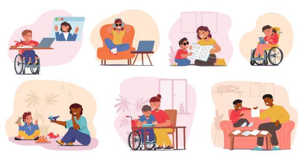 Cartoon illustration of young kids with different visable disabilities
