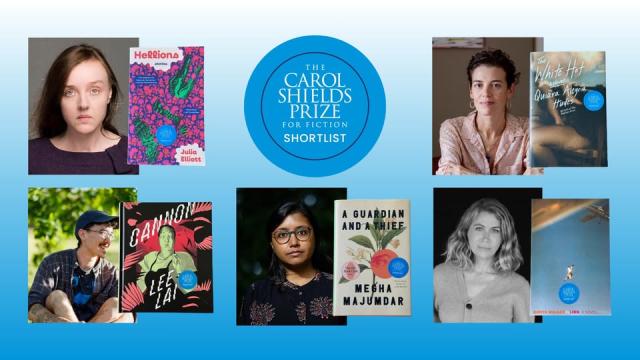 Book covers of shortlisted titles for the Carol Shields Prize for Fiction along with photographs of the authors