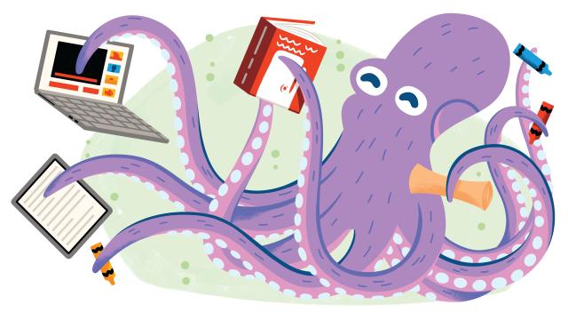 An octopus holding various ways to read including a book, a screen a tablet