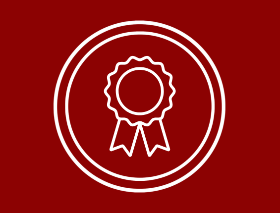 White ribbon in the centre of a circle, with a dark red background.