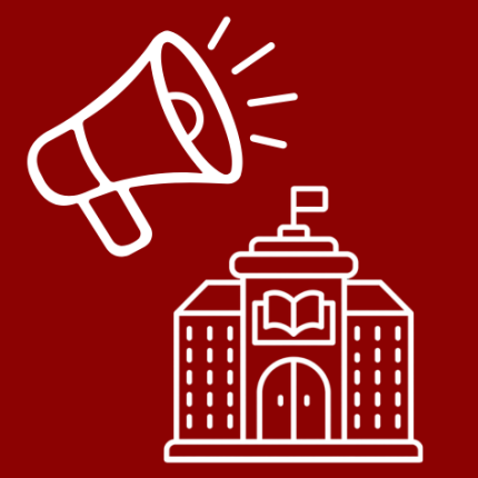 A graphic of a megaphone and a library building on a maroon background.